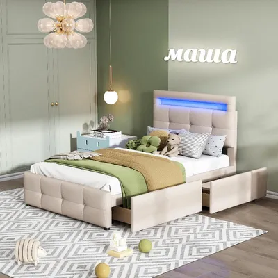 Produktbild von Polsterbett 90x200cm mit LED-Beleuchtung und 2 Schubladen, Einzelbett mit höhenverstellbarem Kopfteil und Leinenpolsterung in Beige