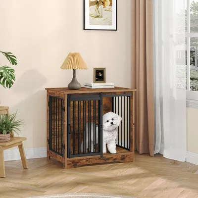 Image de Cage pour chien en bois, couleur marron vintage, dimensions 69 cm, pour petits et moyens chiens