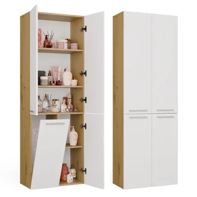 Produktbild von Badezimmerschrank NEL 1K DD Regalsäule mit Wäschekorb ARTISAN OAK / WEISS