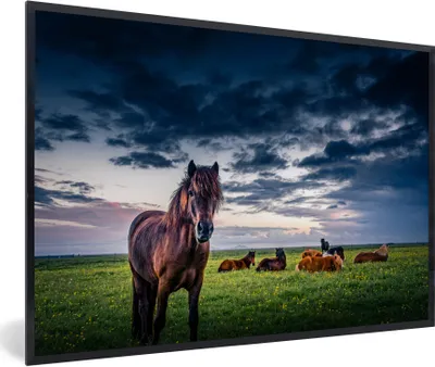 Produktbild von MuchoWow® Gerahmtes Poster Pferde - Wolken - Gras 90x60 cm - Poster mit Schwarzem Bilderrahmen Wandposter Rahmen Foto Bilder - Fotorahmen - Foto-Plakat