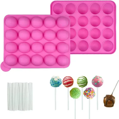 Produktbild von Cake Pop Silikonform, Cake Pop Form,Cake Pop Set, 20 Runde Cake Pop Silikon Backform mit 20 Stück Lollipop sticks ?für Cupcakes, Süßigkeiten, Gelee und Schokolade, Antihaftbeschichtet (Pink)