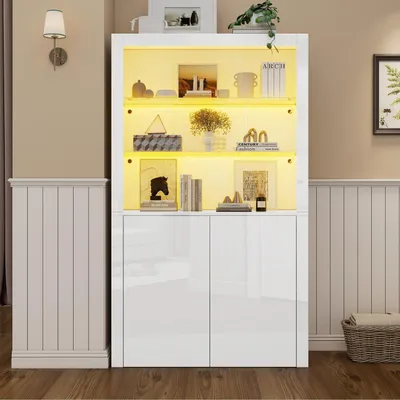 Obrázek produktu pro Skleněná vitrína stojací s LED osvětlením, bílá, lesklá, rozměry 100x35x170 cm