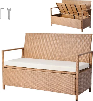 Produktbild von VEVOR Gartenbank mit Stauraum, 2-Personen-PE-Rattan-Sitztruhe, Truhenbank mit Kissen, Sitzbank bis zu 120 kg, Gartensitzgelegenheit und Veranda-Nachbildung für Terrasse, Garten, Balkon, 121x59x81,5cm