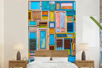 Obrázek produktu pro MuchoWow® Fototapeta do obývacího pokoje nebo ložnice tapeta vinylový motiv tapeta dveře - modrá - abstraktní - architektura - neon - 195x300 cm - Tapeta