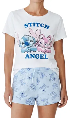 Immagine prodotto di Pigiama da donna Disney Stitch e Angel, composto da maglietta e pantaloncini in cotone, set da due pezzi