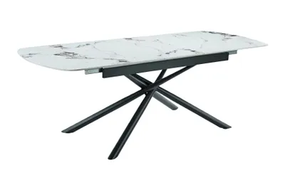 Produktbild von Hela Tische, Kulissentisch Esstisch Sintra, Sintered Stone Platte Weiß Marmoroptik, Stern-Metallgestell, Ausziehbar mit Liftautomatik, Maß 180-220cm