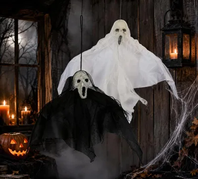 Produktbild von Halloween Geist zum Aufhängen ca. 27 cm – Schwarz oder Weiß – Grusel Deko (weiß)