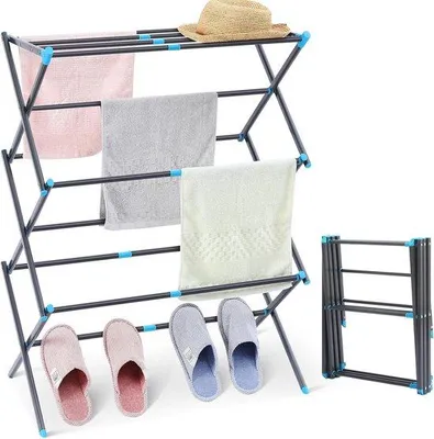Zdjęcie produktu dla Unyqoos® - suszarka do bielizny, 3-poziomowa, składana, metalowa, 11 przegródek, regulowana długość 43,5–75 cm, oszczędza miejsce w pralni i na tarasie