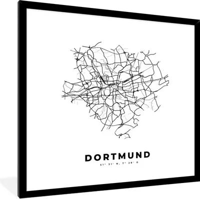 Produktbild von MuchoWow® Gerahmtes Poster Stadtplan - Deutschland - Schwarz und weiß - Dortmund - Karte 40x40 cm - Poster mit Schwarzem Bilderrahmen Wandposter Rahmen Foto Bilder - Mit Rahmen - Wanddekoration Schlafzimmer