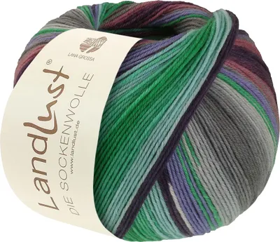 Produktbild von Lana Grossa Landlust DIE SOCKENWOLLE 100 g 4-fach Sockenwolle von Lana Grossa und Landlust 420 m Farbe 130 - Smaragd/Türkis/Dunkel-/Blauviolett/Hellgrau/Grau Gestreift