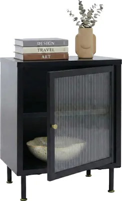 Produktbild von Nachttisch MCW-O87, Beistelltisch Nachtschrank Schrank, Industrial Staufächer Metall Schilfglas 55x41x41cm  schwarz