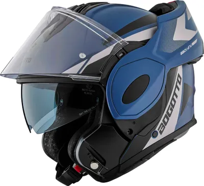 A blue and black motorcycle helmet with a silver design.