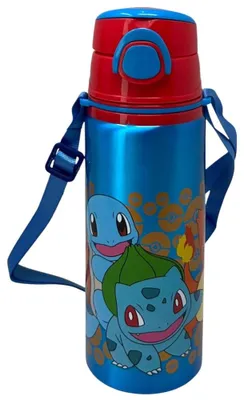 Produktbild von Aluminium-Trinkflasche mit Strohhalm Pikachu Pokémon 730 ml, automatische Pop-up-Öffnung für Kinder, mitgelieferte Trageschlaufe