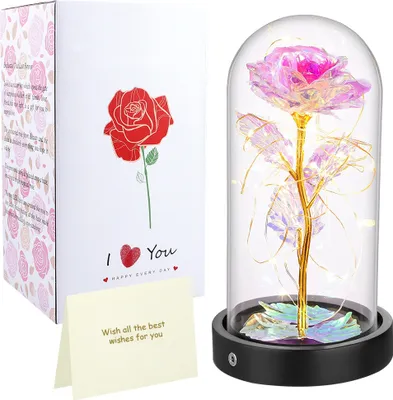 Produktbild von Rose im Glas mit Lichter Blume im Glaskuppel Künstliche Blumen Rose Geschenke für Valentinstag, Geburtstag, Thanksgiving, Jubiläum