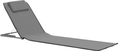 A gray foldable beach mat with a headrest, shown from a side angle on a white background.