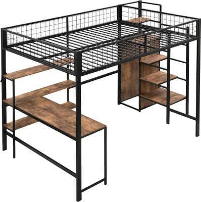 Produktbild von okwish Hochbett 140x200cm mit Rausfallschutz, Etagenbett Stockbett mit Tisch und Regalen, Metallbett Kinderbett Bettgestell mit Lattenrost, Schwarz