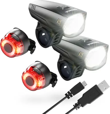 Produktbild von ABSINA 2x LED Fahrradlicht Set Akku abnehmbar, StVZO zugelassen, 180 Lumen, 200m, regenfest - Fahrradbeleuchtung Fahrradlampe