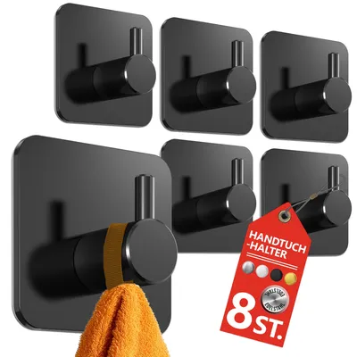 Produktbild von Bohrfreies Handtuchhalter-Set, 8 Stück in Schwarz – Wasserdichte Handtuchhalter für Bad und Küche, Edelstahlhaken, selbstklebende Haken für Bad und Küche – Extra starke selbstklebende Handtuchhaken