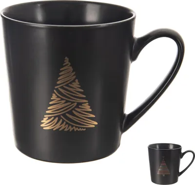 Produktbild von Mattschwarze Porzellantasse mit Weihnachtsbaummotiv, mikrowellengeeignet