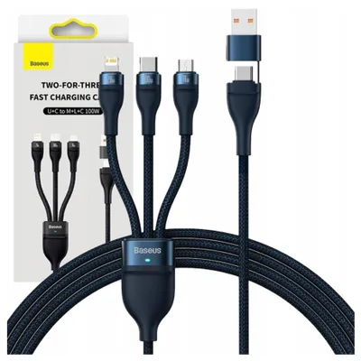 Immagine prodotto di Cavo Usb 3W1 Baseus Flash Serie 2, Usb-C + Micro Usb + Lightning, 100W, 1,2M (Niebieski)