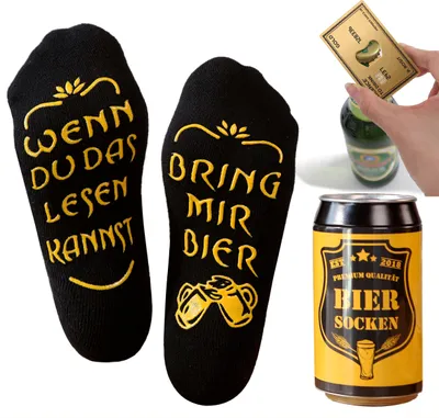 Produktbild von Bier Geschenk für Männer - Bier Socken mit Flaschenöffner aus Edelstahl in Mastercard GOLD Optik