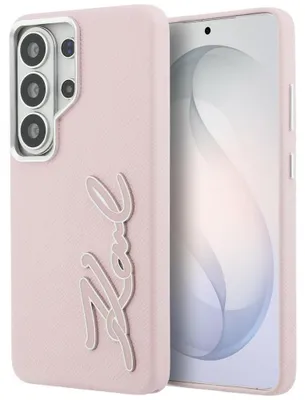 Zdjęcie produktu dla Metalowe etui z logo Karl Lagerfeld Grained Signature do Samsung Galaxy S26 Ultra - różowe