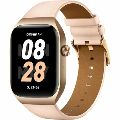 A smartwatch with a pink leather strap and gold casing is shown against a white background. The watch face displays the time '08:28' and battery status.