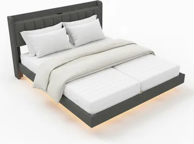 Image de Lit LED HOME DELUXE – 180 x 200 cm, gris foncé | Lit rembourré avec éclairage, station de recharge USB-A&C, espace de rangement et matelas pour un confort de sommeil moderne
