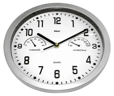 Produktbild von Wanduhr Ø 26 cm mit Thermometer Hygrometer modern weißes Zifferblatt Quarzwerk silber 06992
