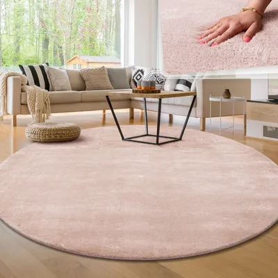 Produktbild von Moderner Wohnzimmer Teppich Kurzflor Waschbar Weich Einfarbig Felloptik Anti-Rutsch Grösse 160 cm Rund