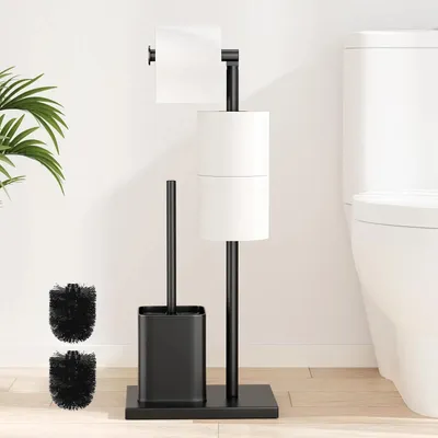 Produktbild von Toilettenpapierhalter stehend mit WC-Bürste - Edelstahl - Stehendes WC-Set - Matt schwarzer WC-Butler