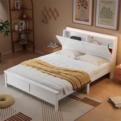 Produktbild von Doppelbett, Offenes Regal, Ablagefach mit herunterklappbarer Tür, Mit Umgebungslichtstreifen, Warmgelber Lichtstreifen, Flachbetten
