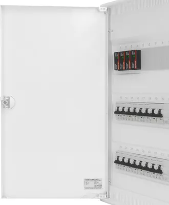 An open electrical distribution box with circuit breakers and surge protectors.