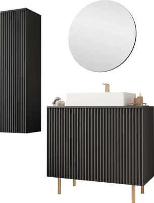 Produktbild von MIRJAN24 Badmöbel-Set Nubia II, Badezimmer-Set mit Spiegel (Farbe: Schwarz, Mit Siphon, Ohne Waschbecken)