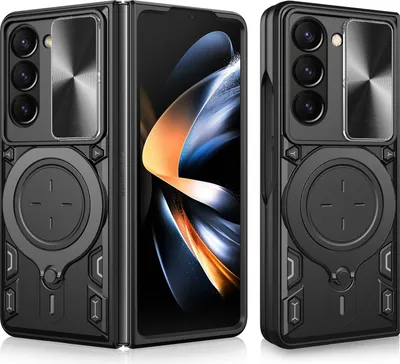 Produktbild von Handyhülle für Samsung Galaxy Z Fold 6 Dual-Layer Stoßfest Rüstung Hülle mit Dia Kameraschutz und Kreisförmig Ring Ständer Schwarz