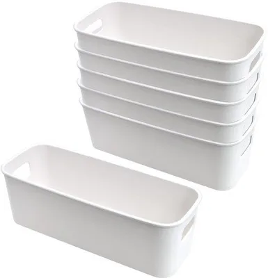 Immagine prodotto di Set di 6 contenitori bianchi Unyqoos® per l'organizzazione, dimensioni 30 x 11 x 9,5 cm – organizer in plastica impilabili, con maniglie e piedini antiscivolo, ideali per cucina, ufficio e bagno