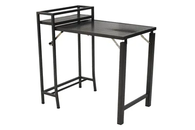 A dark gray folding balcony table with a shelf unit on the left side, shown against a white background.