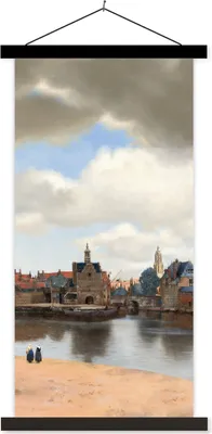 Produktbild von MuchoWow® Textilposter Ansicht von Delft - Gemälde von Johannes Vermeer 90x180 cm mit schwarzem Rahmen - Dekoration Wohnzimmer