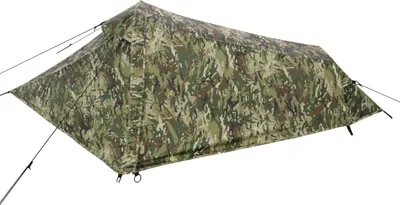 A camouflage-patterned tent is shown against a white background.