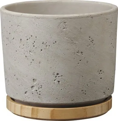 Produktbild von Blumentopf Soendgen Paros Deluxe Keramik Ø 16 cm H 14 cm hellgrau inkl. Holzuntersetzer