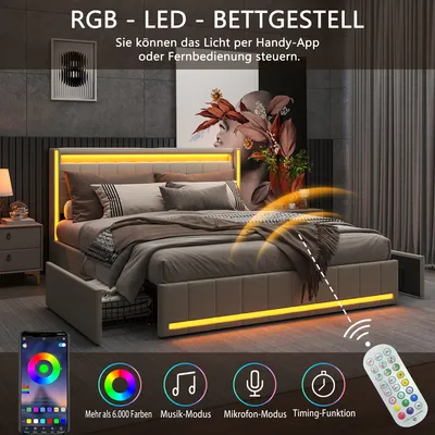 Produktbild von Bett (180 x 200 cm) mit LED-Beleuchtung und USB-C-Anschlüssen, Queensize-Bett (180 x 200 cm) mit Lattenrost und 4 Schubladen, Leinenstoff, beige