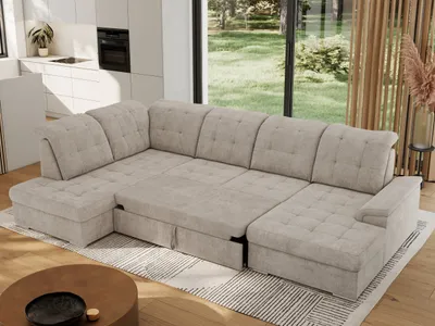 Produktbild von MKS MEBLE Ecksofa Wohnlandschaft U-Form, Sofa mit Schlaffunktion, Schlafsofa mit bettkasten, Couch mit Schlaffunktion - Beige Struktur - Madrito U - links