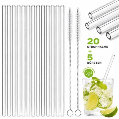 Produktbild von 20 Glas Strohhalme + 5 Bürsten Trinkhalme Glashalme Cocktails Wiederverwendbar