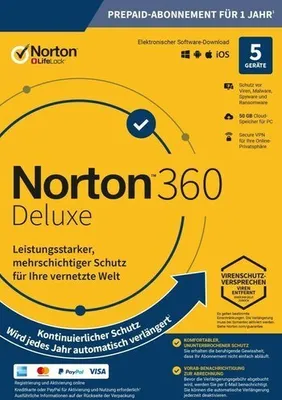 Produktbild von Norton 360 Deluxe - 5 Geräte / 1 Jahr PC/Mac/Android / Abo (Lizenz per E-Mail)