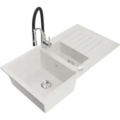 Obrázek produktu pro Mexen Matias 1,5-miskový granitový dřez s odkapávačem a kuchyňskou baterií Aster, Bílá - 6502-20-73450-07