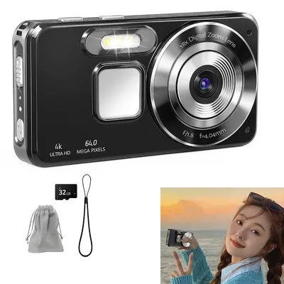 Produktbild von Digitalkamera, 4K-Kamera, tragbare Kompaktkamera 2,8-Zoll-LCD, 18fachem Digitalzoom, 32-GB-SD-Karte für Kinder, Jugendliche & Anfänger (schwarz)