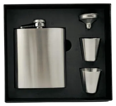 Produktbild von Flachmann Set Metall mit 2 Bechern,chrom gebürstet, 7oz (ca. 200 ml)