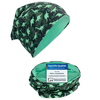 Produktbild von HECKBO Kinder Jungen Beanie Mütze & Loop-Schal Set - Dinosaurier Dino - Wendemütze oder Wintermütze mit Fleece Vlies - 2-8 Jahren - 95% Baumwolle - weiches & pflegeleichtes Stretch-Material