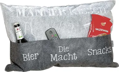 Produktbild von Gilde Männerkissen hellgrau dunkelgrau mit Taschen, bestickt Bier Die Macht Snacks , 100% Polyester L= 40,0 cm B= 60,0 cm H= 10,0 cm 45519