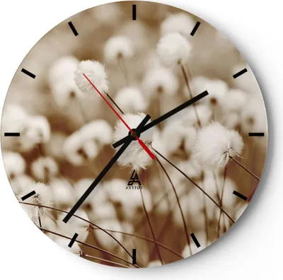 Produktbild von Wanduhr - Rund - Glasuhr - Baumwolle Boho Wollig - 30x30cm - Schleichendes Uhrwerk - Lautlos - zum Aufhängen bereit - Dekoration Modern - Wanddekoration aus Glas - C3AR30x30-4850
